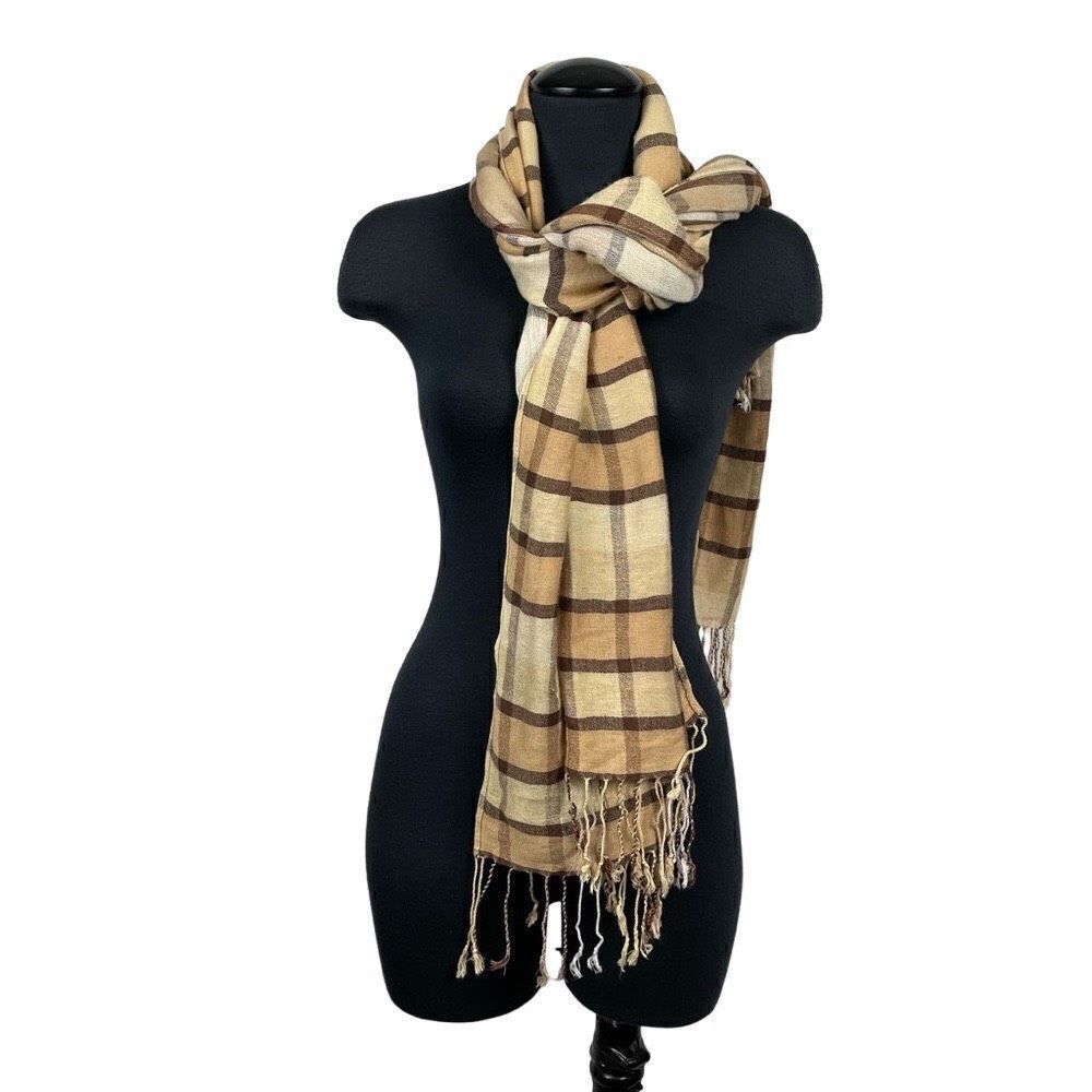 100% Pashmina Checkered Tan Scarf‎